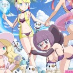 aloe pokemon ass barefoot bikini blonde hair blue eyes breasts brown hair cattleya pokemon cleavage clouds flowers fuuro pokemon glasses group hat kamitsure klink long hair n navel necklace nude oshawott pokemoa
