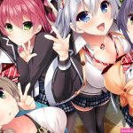 schoolgirl cleavage big boobs peace sign group of women anime anime girls school uniform high-angle